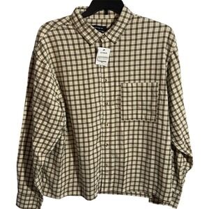 Cotton on Men's Tribeca Oversized Long Sleeve Shirt Stone Mini Check  size  2XL